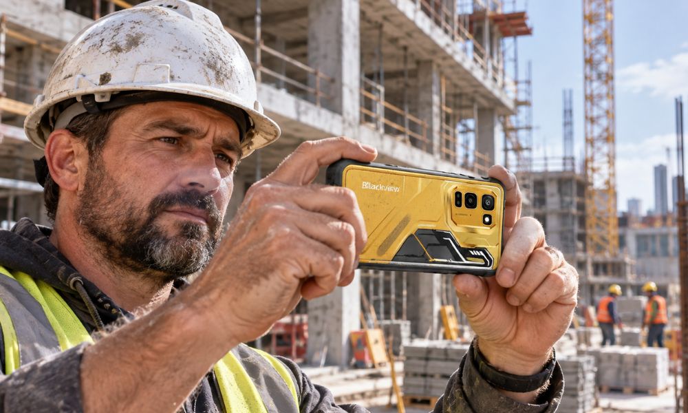 A man holding a Blackview FORT 5 at a construction site.