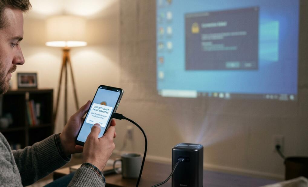How to prevent phone malware risks when screen mirroring to a portable projector?