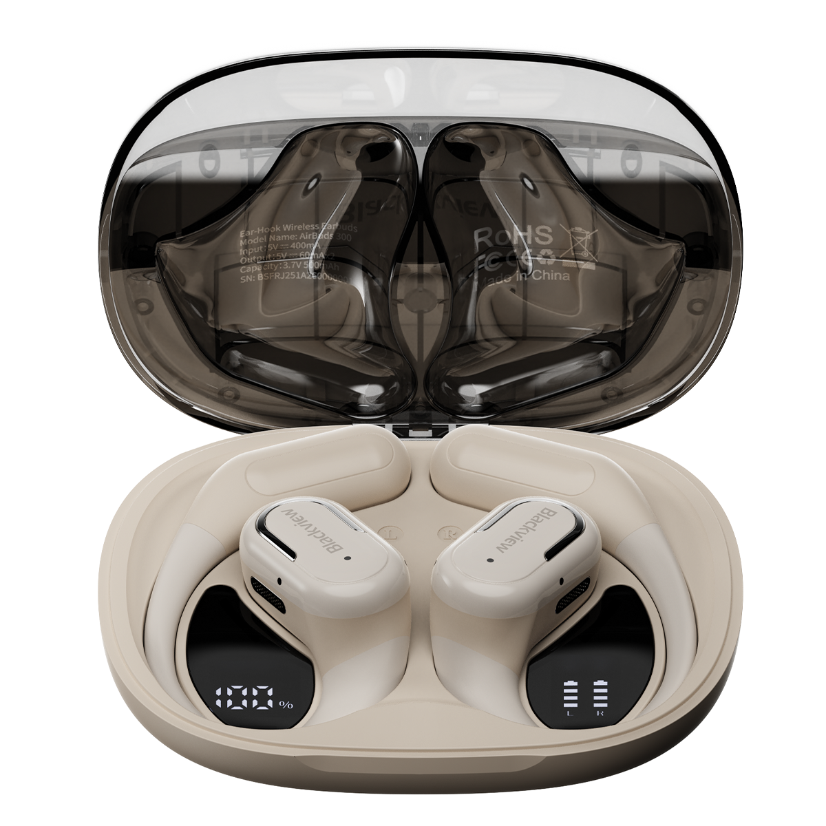 Blackview AirBuds 300 IPX5 防水 スマートデジタル電源表示 ENC ノイズキャンセリングマイクロフォン Bluetooth 6.0 オープンイヤー OWS イヤホン