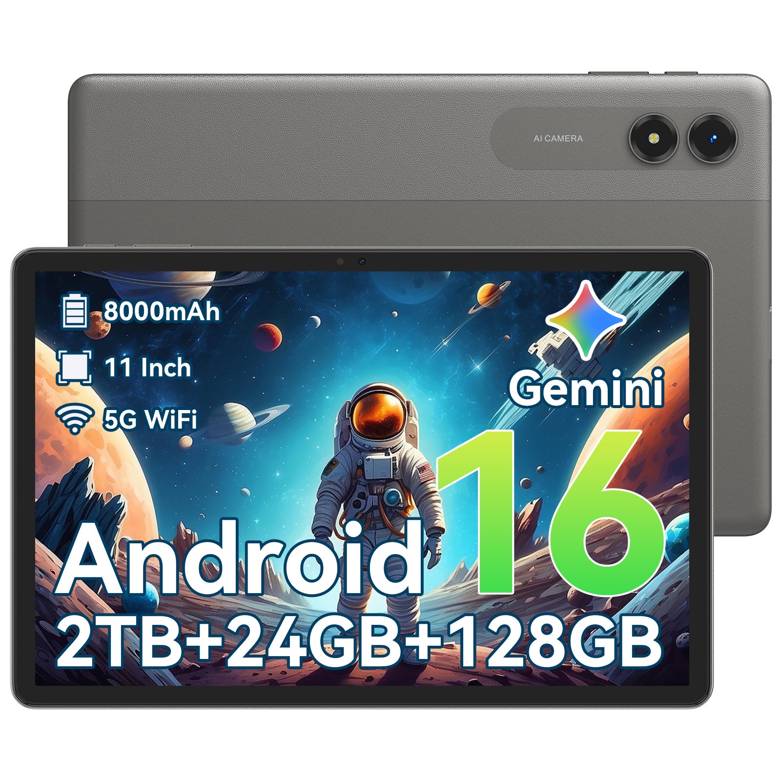 Android 16 AIタブレット、11インチタブレット、24GB RAM、128GB ROM、オクタコアT7250プロセッサー、90Hzディスプレイ、8000mAhバッテリー、急速充電＆OTGリバースチャージ対応、ジェミニAIタブレット
