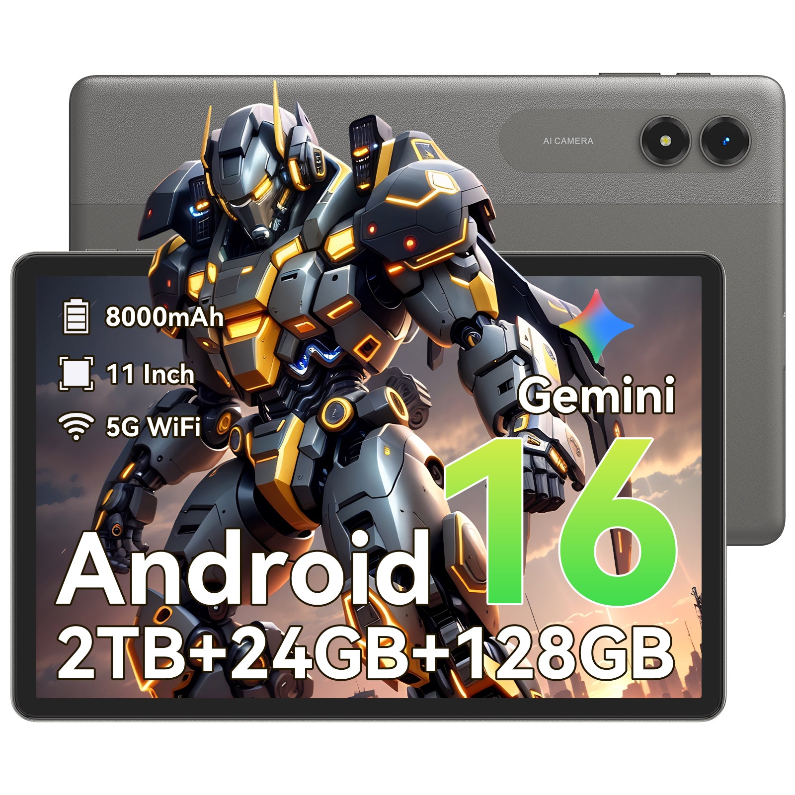 Android 16 AIタブレット、11インチタブレット、24GB RAM、128GB ROM、オクタコアT7250プロセッサー、90Hzディスプレイ、8000mAhバッテリー、急速充電＆OTGリバースチャージ対応、ジェミニAIタブレット
