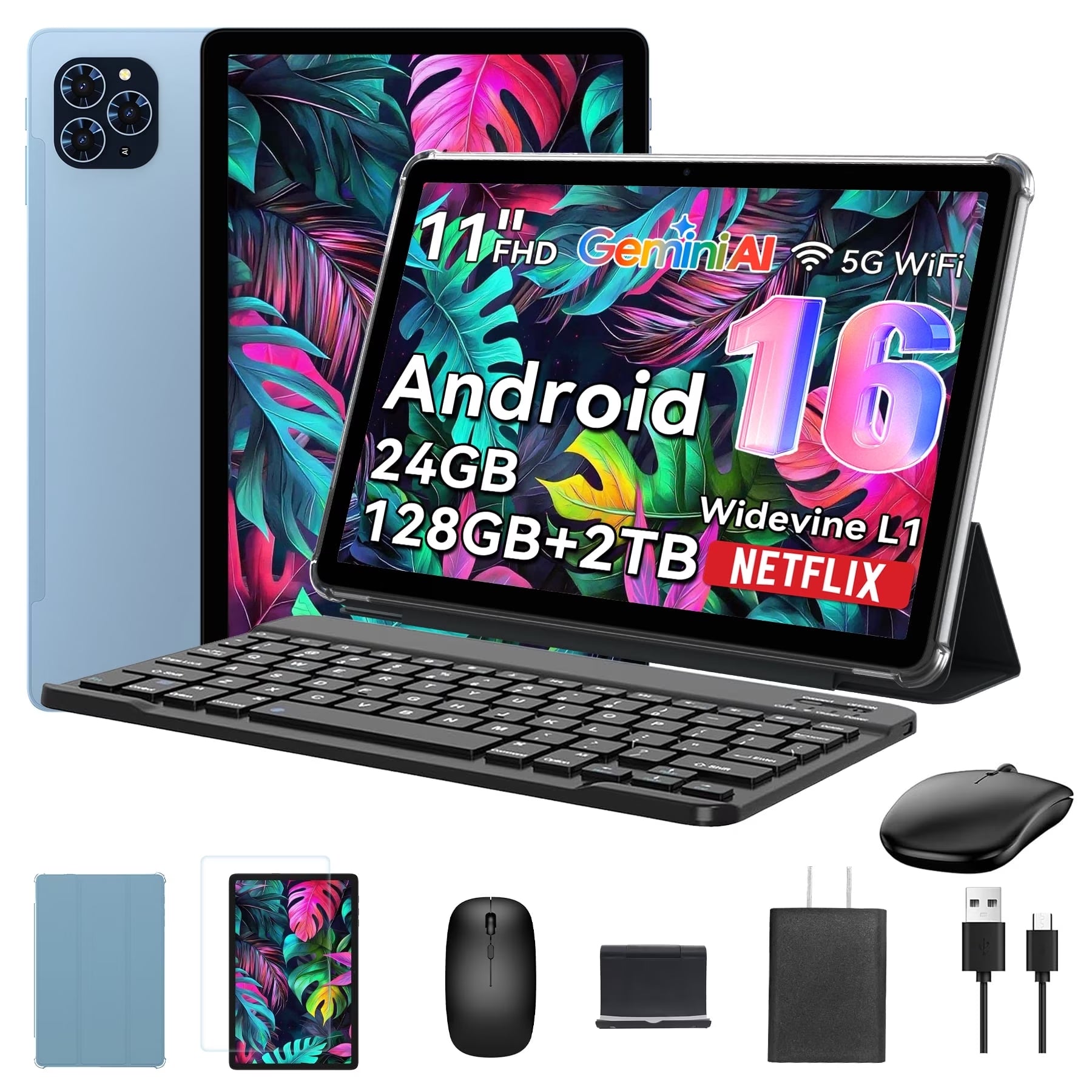 2026年モデル Android 16搭載 AIタブレット Gemini AI搭載、11インチFHDディスプレイ、24GB RAM 128GB ROM / 2TB TF対応、T7250 CPU＋13MPカメラ、8000mAhバッテリー、Widevine L1対応、キーボード・マウス・スタイラス付き2-in-1タブレット、ブルー