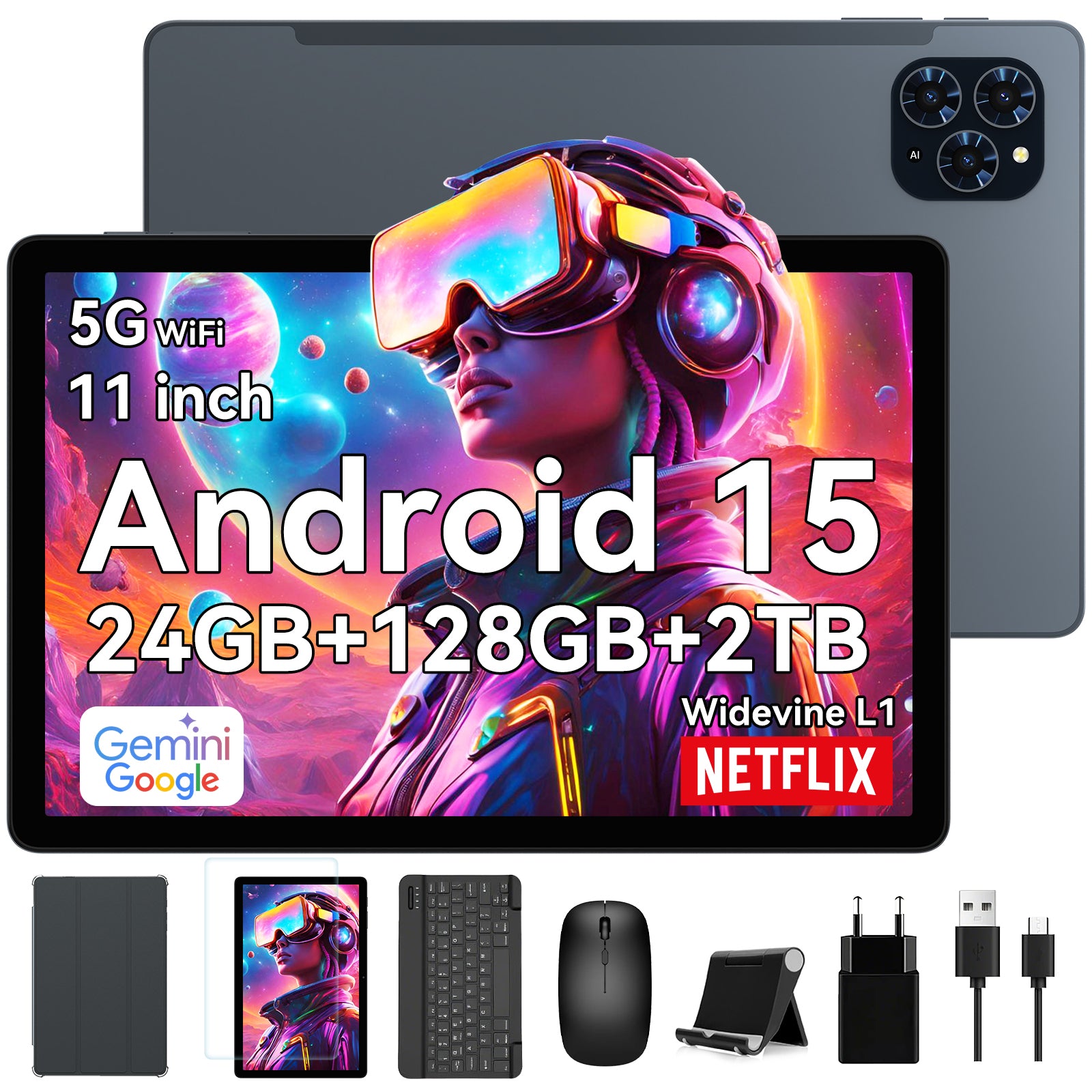 2026年モデル Android 16搭載 AIタブレット Gemini AI搭載、11インチFHDディスプレイ、24GB RAM 128GB ROM / 2TB TF対応、T7250 CPU＋13MPカメラ、8000mAhバッテリー、Widevine L1対応、キーボード・マウス・スタイラス付き2-in-1タブレット、ブルー