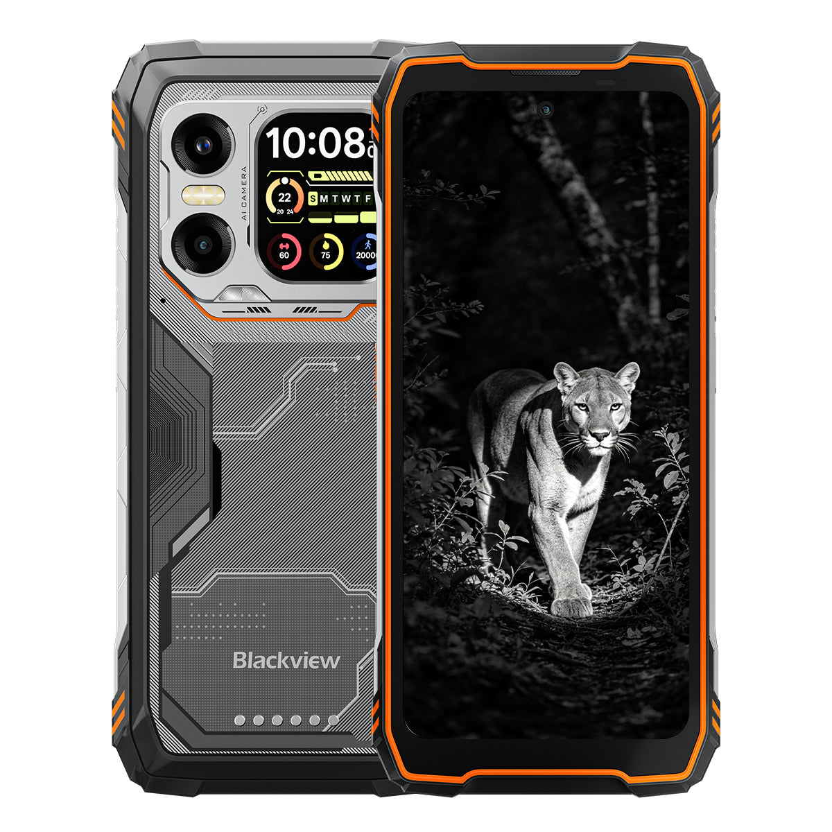 Back and front of the orange Blackview XPLORE X1